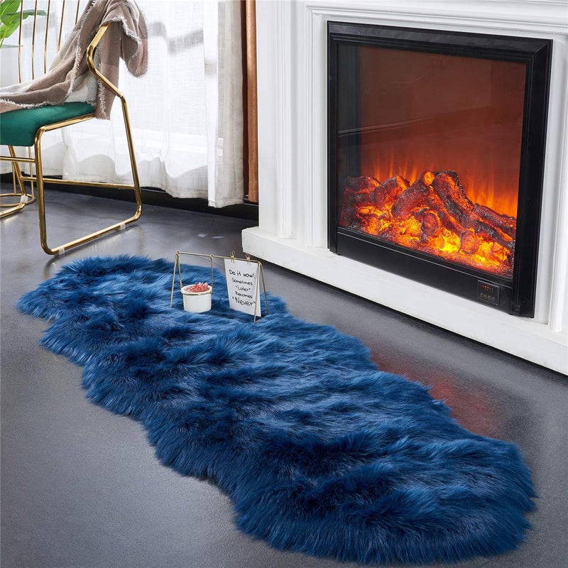 Easy Joy EasyJoy Ultra Soft Fluffy Shaggy Area Rug Faux Fur Rug Chair Cover Seat Pad Fuzzy Area Rug for Bedroom Floor Sofa Living Room (2 x 6 ft Sheepskin, Dark Blue) - Image 1